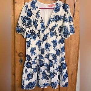 Louise James Blue & White Cottagecore Floral Pretty Short Sleeve Dress Size Med